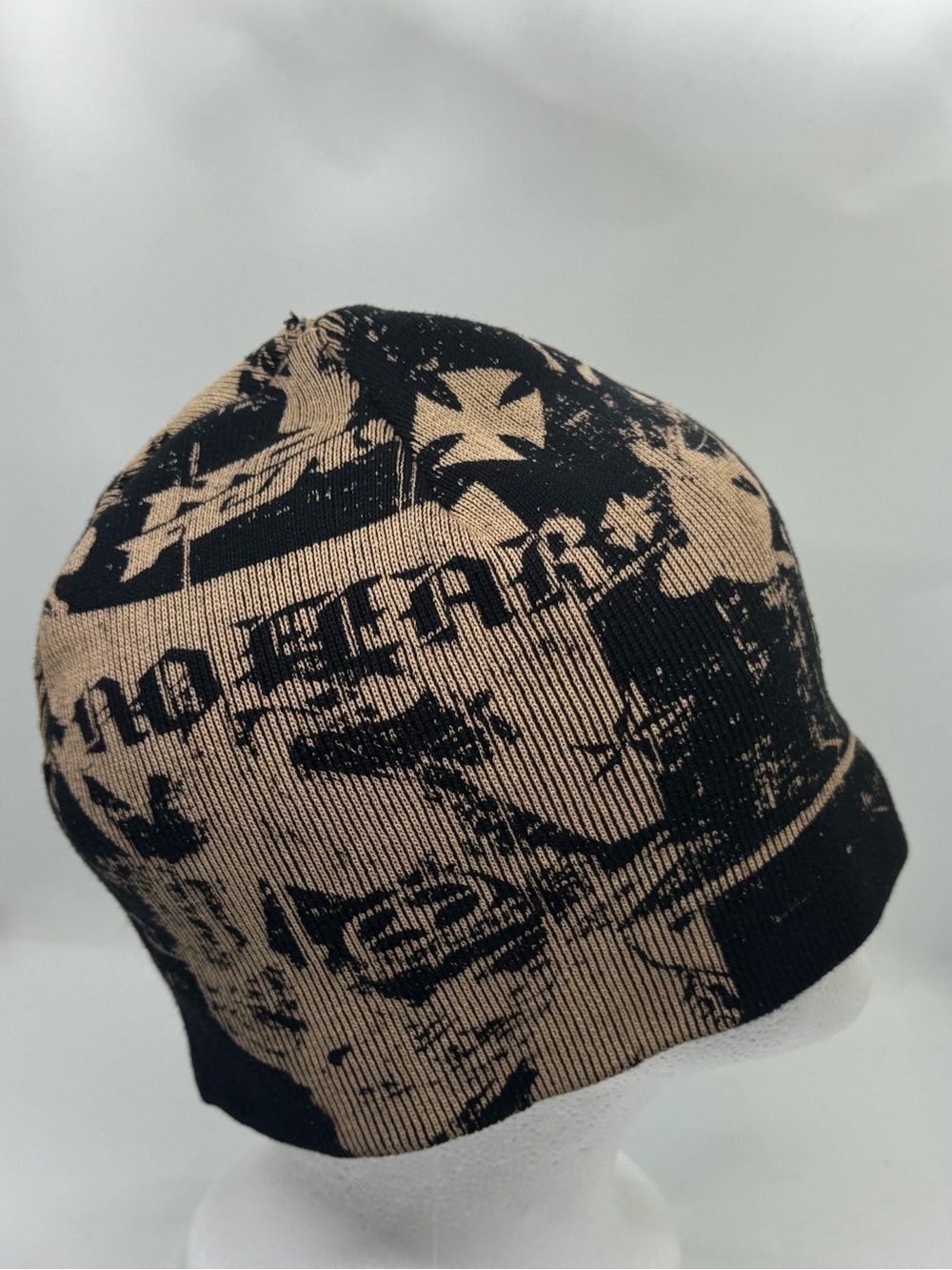 No Fear Graphic Knit Beanie Hat Black Tan Y2K Moto Skater One Size - Picture 2 of 8